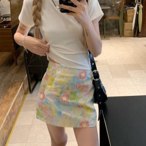 Plus Size Floral Half Skirt for Women - Summer A-Line High Waist Bodycon Short Skirt with Colorful Oil Painting Design