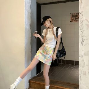 Plus Size Floral Half Skirt for Women - Summer A-Line High Waist Bodycon Short Skirt with Colorful Oil Painting Design