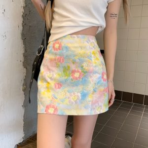 Plus Size Floral Half Skirt for Women - Summer A-Line High Waist Bodycon Short Skirt with Colorful Oil Painting Design