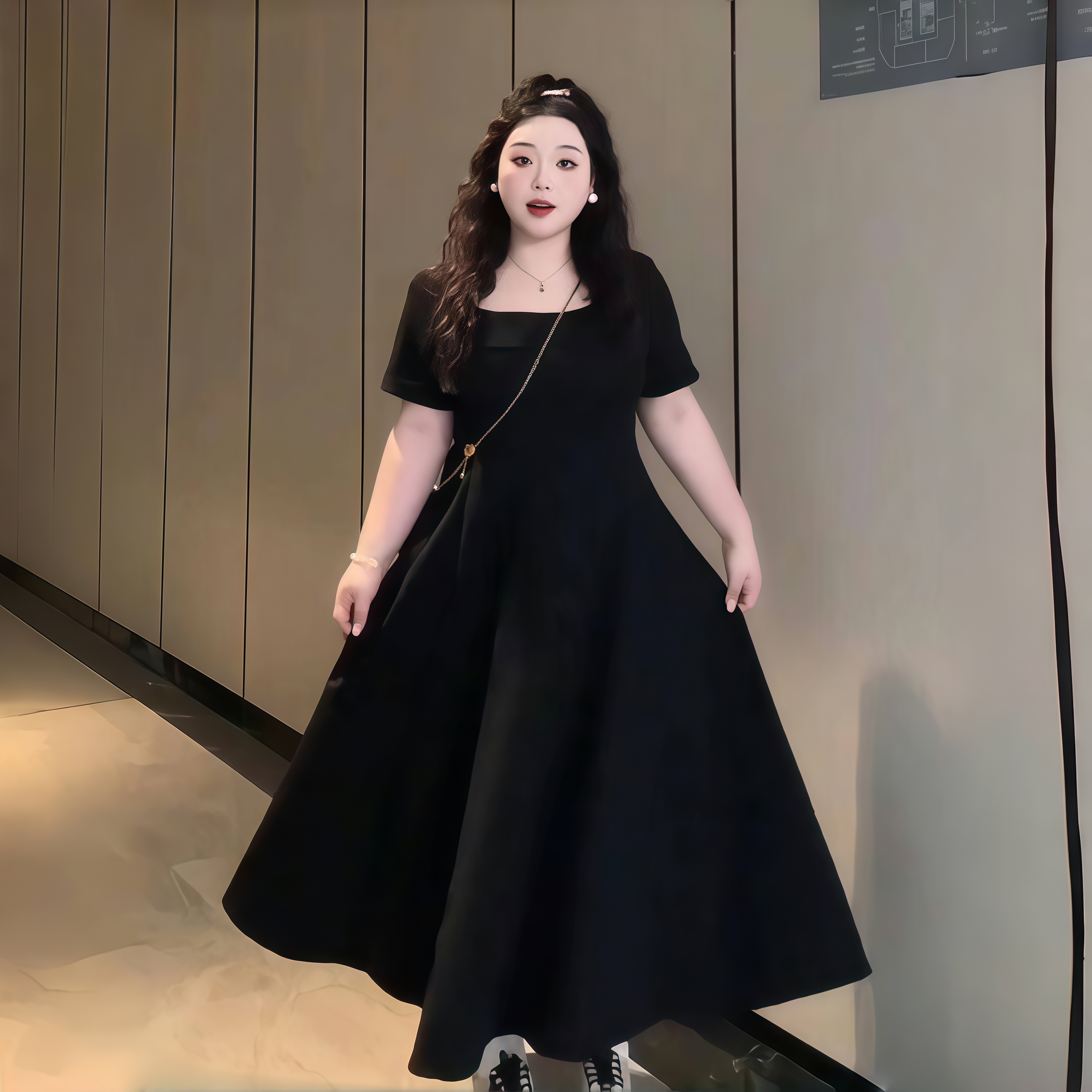 Plus-Size French Hepburn-Style Square-Neck Dress with Flattering A-Line Skirt for Summer, Perfect for Pear-Shaped Figures
