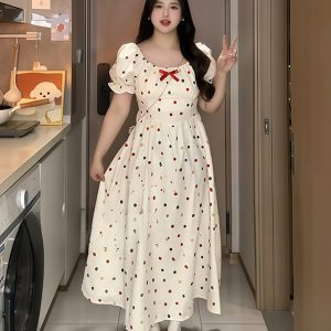 Plus-Size French-Style Polka Dot Bowknot Dress - Summer Slimming Puff Skirt for Flattering Fit, Gentle Sweet Look