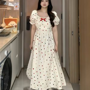 Plus-Size French-Style Polka Dot Bowknot Dress - Summer Slimming Puff Skirt for Flattering Fit, Gentle Sweet Look