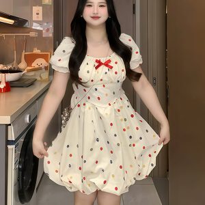 Plus-Size French-Style Polka Dot Bowknot Dress - Summer Slimming Puff Skirt for Flattering Fit, Gentle Sweet Look