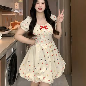 Plus-Size French-Style Polka Dot Bowknot Dress - Summer Slimming Puff Skirt for Flattering Fit, Gentle Sweet Look