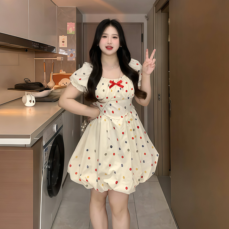 Plus-Size French-Style Polka Dot Bowknot Dress - Summer Slimming Puff Skirt for Flattering Fit, Gentle Sweet Look