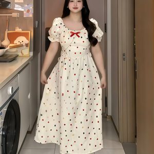 Plus-Size French-Style Polka Dot Bowknot Dress - Summer Slimming Puff Skirt for Flattering Fit, Gentle Sweet Look