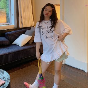 Plus Size Gold Lace Trim Letter T-Shirt for Women - Short Sleeve Summer 2025 Slimming Top, Great for Covering Belly