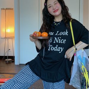 Plus Size Gold Lace Trim Letter T-Shirt for Women - Short Sleeve Summer 2025 Slimming Top, Great for Covering Belly