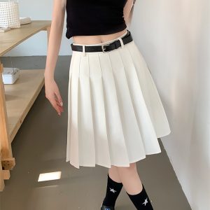Plus Size Gray Pleated Midi Skirt for Women - High-Waisted A-Line Summer College Style