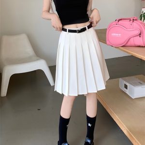 Plus Size Gray Pleated Midi Skirt for Women - High-Waisted A-Line Summer College Style