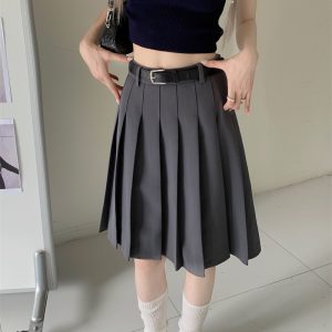 Plus Size Gray Pleated Midi Skirt for Women - High-Waisted A-Line Summer College Style