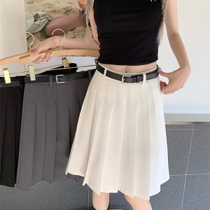 Plus Size Gray Pleated Midi Skirt for Women - High-Waisted A-Line Summer College Style