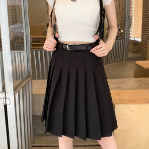 Plus Size Gray Pleated Midi Skirt for Women - High-Waisted A-Line Summer College Style