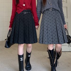 Plus Size Gray Polka Dot High-Waisted A-Line Skirt - Women's College Style Mid-Length Pleated Skirt for Spring and Summer