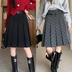 Plus Size Gray Polka Dot High-Waisted A-Line Skirt - Women's College Style Mid-Length Pleated Skirt for Spring and Summer