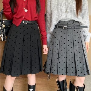 Plus Size Gray Polka Dot High-Waisted A-Line Skirt - Women's College Style Mid-Length Pleated Skirt for Spring and Summer