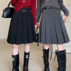 Plus Size Gray Polka Dot High-Waisted A-Line Skirt - Women's College Style Mid-Length Pleated Skirt for Spring and Summer