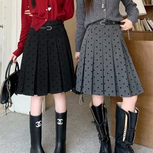 Plus Size Gray Polka Dot High-Waisted A-Line Skirt - Women's College Style Mid-Length Pleated Skirt for Spring and Summer