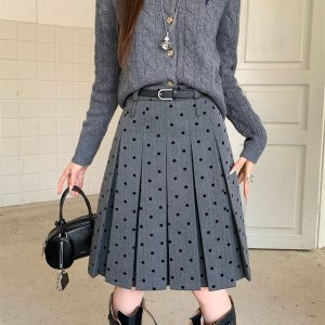 Plus Size Gray Polka Dot High-Waisted A-Line Skirt - Women's College Style Mid-Length Pleated Skirt for Spring and Summer