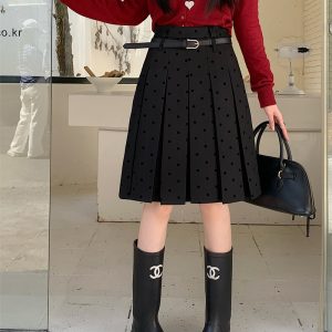 Plus Size Gray Polka Dot High-Waisted A-Line Skirt - Women's College Style Mid-Length Pleated Skirt for Spring and Summer