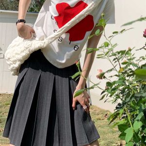 Plus Size Gray Striped Midi Skirt for Women, High-Waisted A-Line Summer Pleated Design, Flattering Fit for Every Occasion