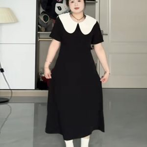 Plus-Size Hepburn-Style Summer Dress with Bellflower Design, Slimming Waist, French Doll Collar, Vintage Tea Dress for Curvy Women