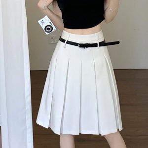 Plus-Size High-End White Pleated A-Line Skirt for Women - Summer College Style Mid-Length Hip-Covering Fashion
