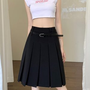 Plus-Size High-End White Pleated A-Line Skirt for Women - Summer College Style Mid-Length Hip-Covering Fashion