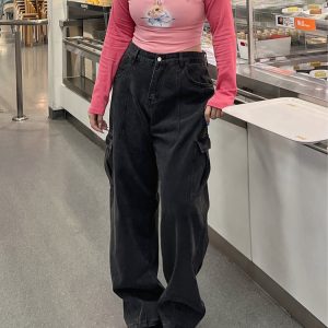 Plus Size High Waist Straight Leg Water Washed Floor-Length Denim Pants for Women - Casual Slimming Autumn Style