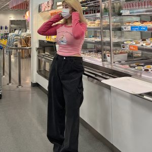 Plus Size High Waist Straight Leg Water Washed Floor-Length Denim Pants for Women - Casual Slimming Autumn Style