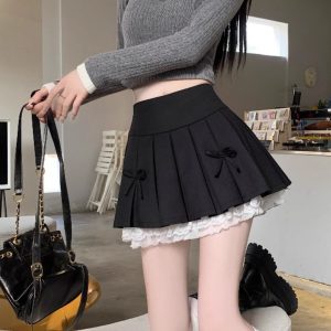 Plus Size High-Waisted A-Line Puff Skirt with Lace Trim and Bow, Gray Summer Design, Pleated Short Skirt for Women