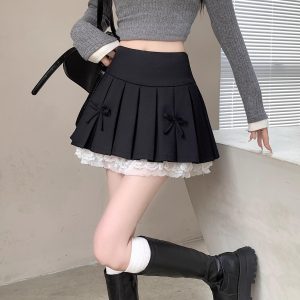 Plus Size High-Waisted A-Line Puff Skirt with Lace Trim and Bow, Gray Summer Design, Pleated Short Skirt for Women