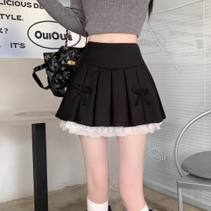 Plus Size High-Waisted A-Line Puff Skirt with Lace Trim and Bow, Gray Summer Design, Pleated Short Skirt for Women