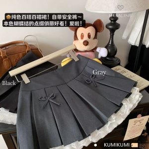 Plus Size High-Waisted A-Line Puff Skirt with Lace Trim and Bow, Gray Summer Design, Pleated Short Skirt for Women