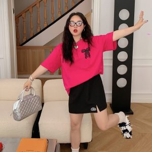 Plus Size High-Waisted Black A-Line Skirt for Women, Summer 2025 Embroidered Design, Curvy Fashion, Stylish Short Skirt