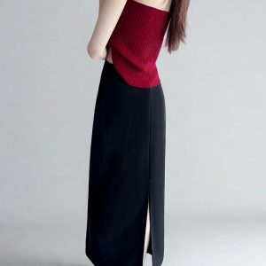 Plus Size High-Waisted Black Back-Slit Skirt, Ultra-Long H-Shaped Straight Tube, Slim Fit Ankle-Length Fashion