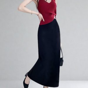 Plus Size High-Waisted Black Back-Slit Skirt, Ultra-Long H-Shaped Straight Tube, Slim Fit Ankle-Length Fashion