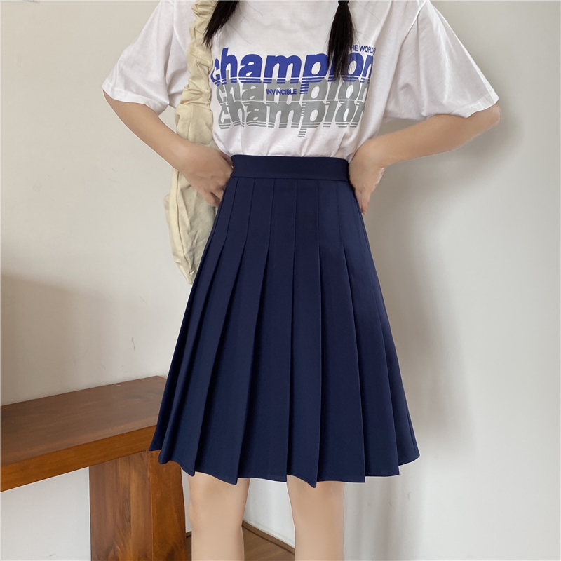 Plus Size High-Waisted Blue Pleated A-Line Skirt for Women - 2024 Mid-Length College Style Fashion