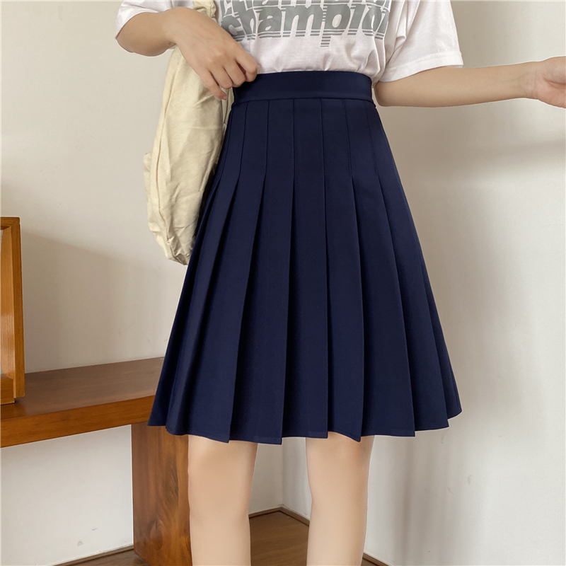 Plus Size High-Waisted Blue Pleated A-Line Skirt for Women - 2024 Mid-Length College Style Fashion