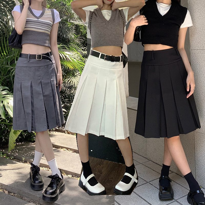 Plus-Size High-Waisted Gray Pleated A-Line Skirt for Women - Mid-Length College Style, Slimming Design for Autumn Fashion