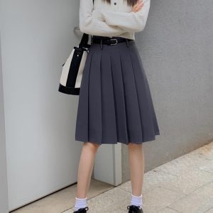 Plus Size High-Waisted Gray Pleated Midi Skirt for Women, Slimming A-Line Design, College Style Puff Skirt