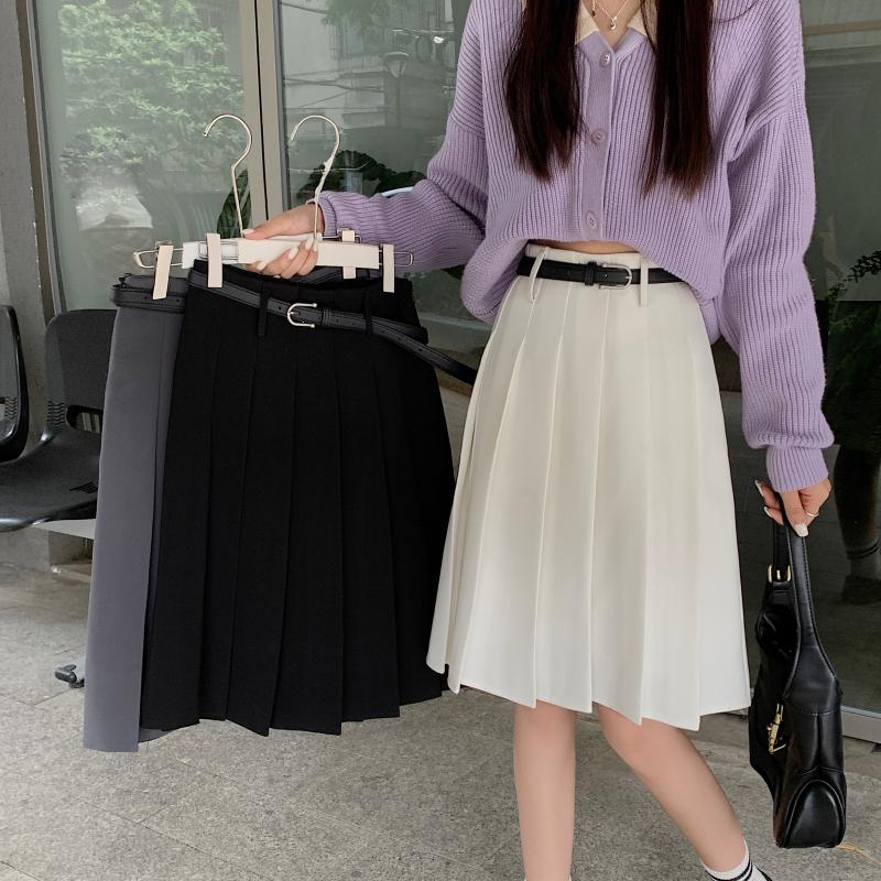 Plus Size High-Waisted Gray Pleated Midi Skirt for Women, Slimming A-Line Design, College Style Puff Skirt