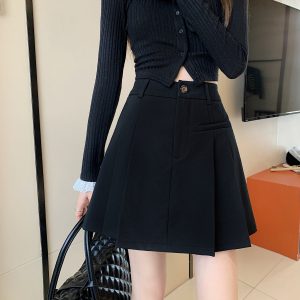 Plus-Size High-Waisted Gray Pleated Skirt for Women - A-Line Midi Skirt, Slimming College Style for Spring and Summer Wear