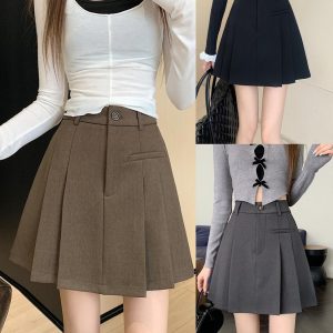 Plus-Size High-Waisted Gray Pleated Skirt for Women - A-Line Midi Skirt, Slimming College Style for Spring and Summer Wear
