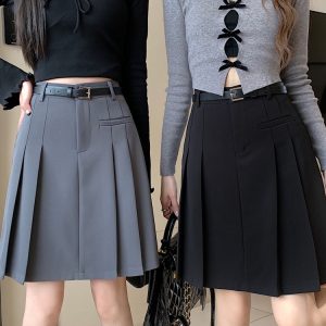 Plus-Size High-Waisted Gray Pleated Skirt for Women - Mid-Length A-Line Half Skirt, Spring Summer College Style, Anti-Exposure Design