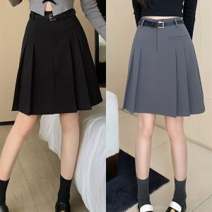 Plus-Size High-Waisted Gray Pleated Skirt for Women - Mid-Length A-Line Half Skirt, Spring Summer College Style, Anti-Exposure Design