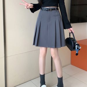 Plus-Size High-Waisted Gray Pleated Skirt for Women - Mid-Length A-Line Half Skirt, Spring Summer College Style, Anti-Exposure Design