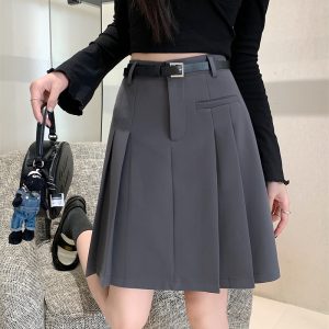 Plus-Size High-Waisted Gray Pleated Skirt for Women - Mid-Length A-Line Half Skirt, Spring Summer College Style, Anti-Exposure Design