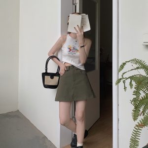 Plus-Size High-Waisted Green Denim Bodycon Skirt for Women, Slimming A-Line Summer Workwear Style