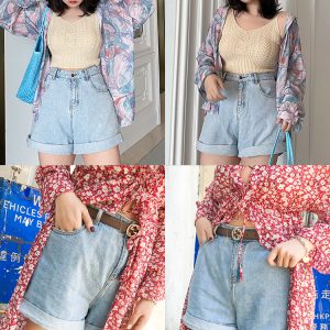 Plus-Size High-Waisted Loose-Fitting Denim Shorts with Rolled Hem - Classic Casual Straight-Leg Style for Everyday Wear